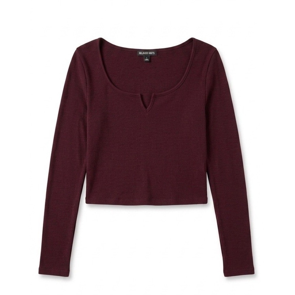 Fashion Nova Womens L Burgundy Ribbed Crop Top Long Sleeve Notch Neck Tee